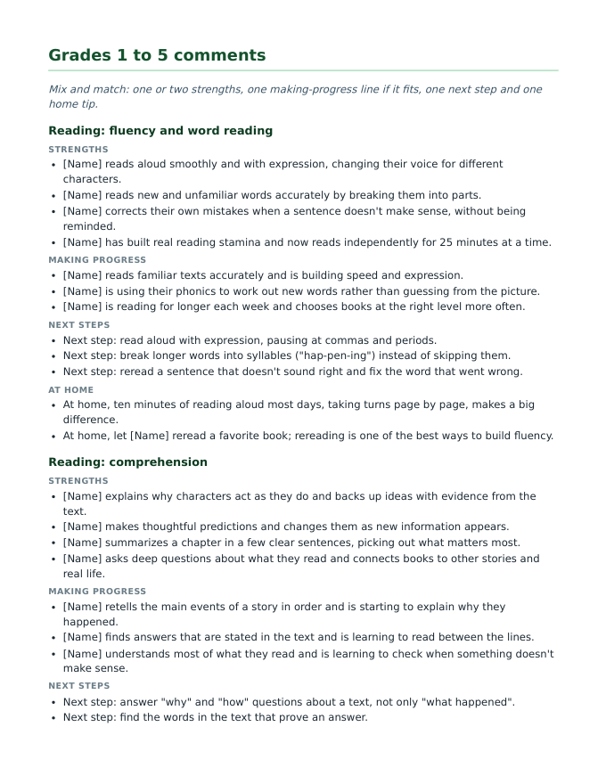 A Grades 1 to 5 page: reading fluency strengths, making-progress lines and next steps